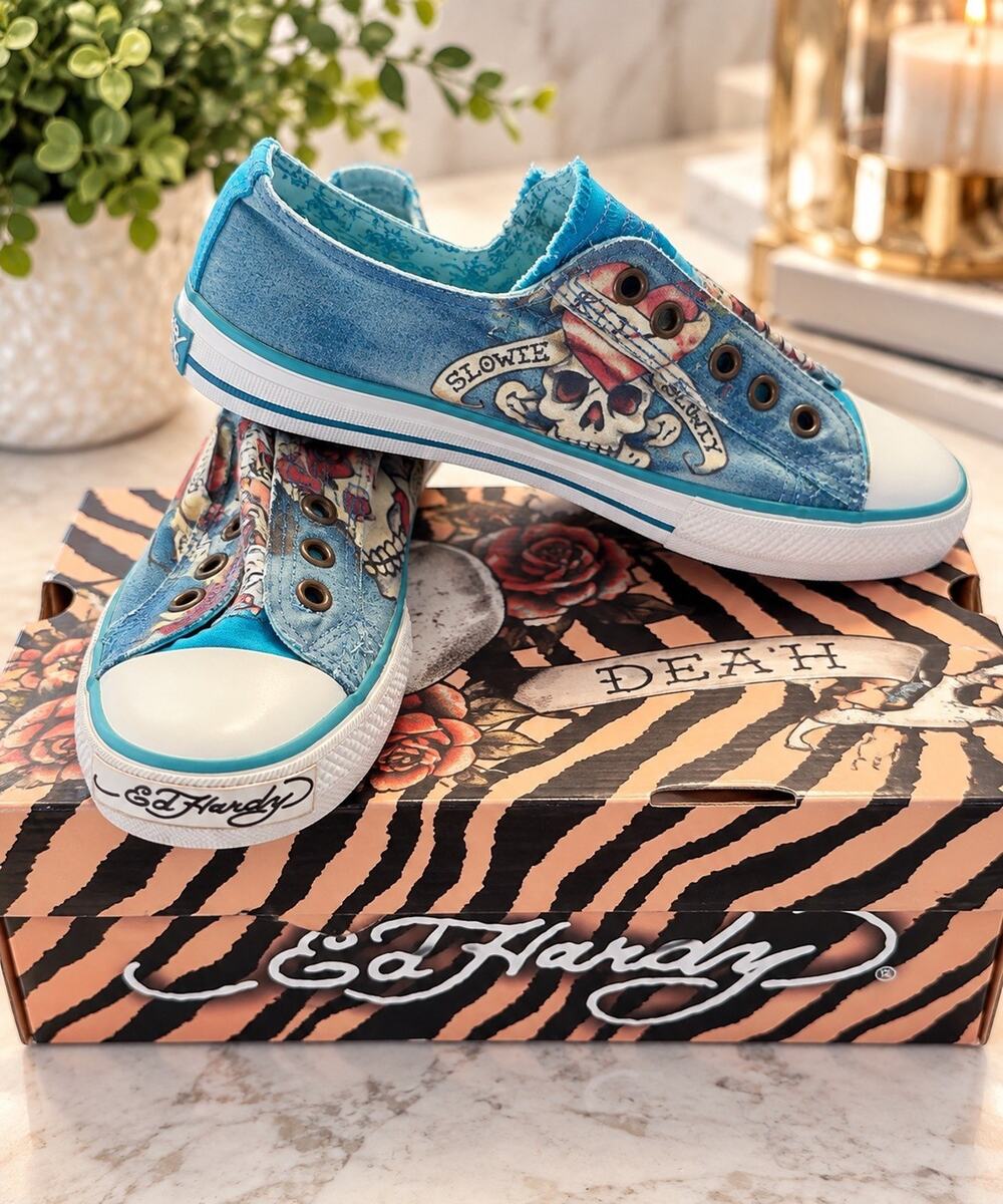 Ed Hardy Blue Denim Skull Heart Graphic Low Top Sneakers Shoes